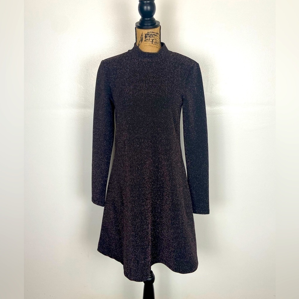 Ichi Midi Dress Size S Mock Glitter Neck Long Sleeve Stretch Fit & Flare Party
